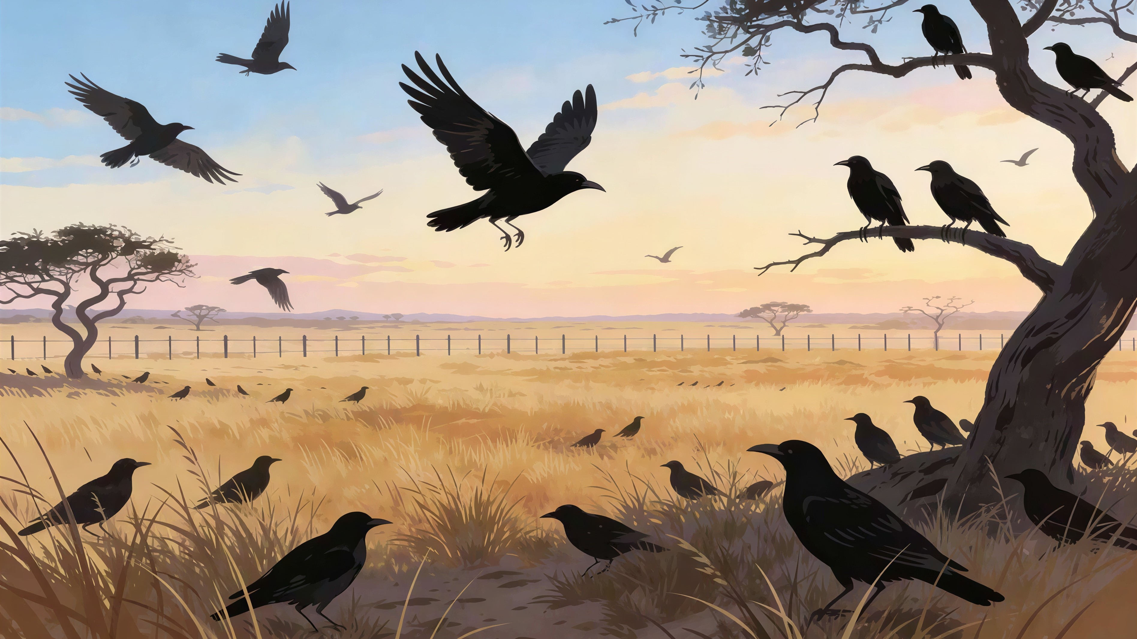 Crows in Flight Over a Sunset Grassy Field