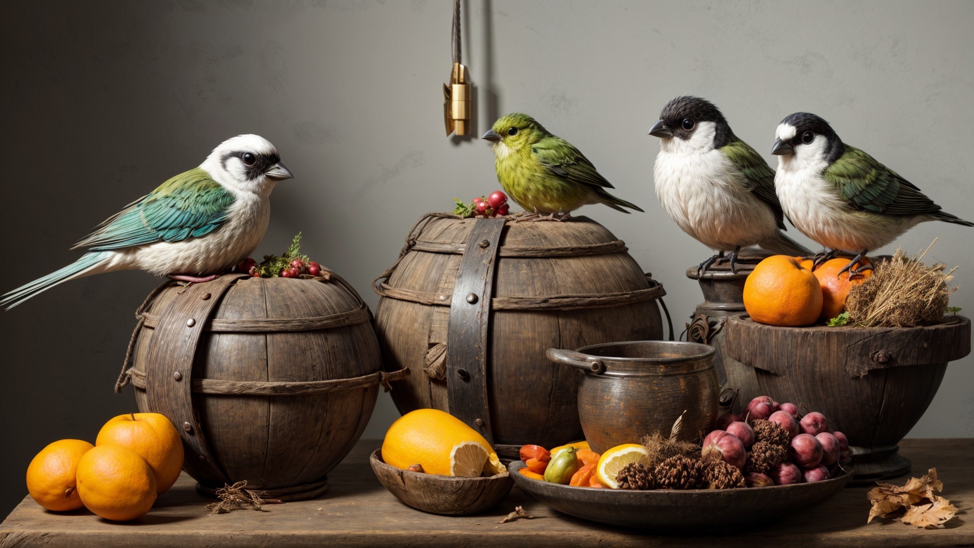 Still Life with Colorful Birds and Rustic Table Elements