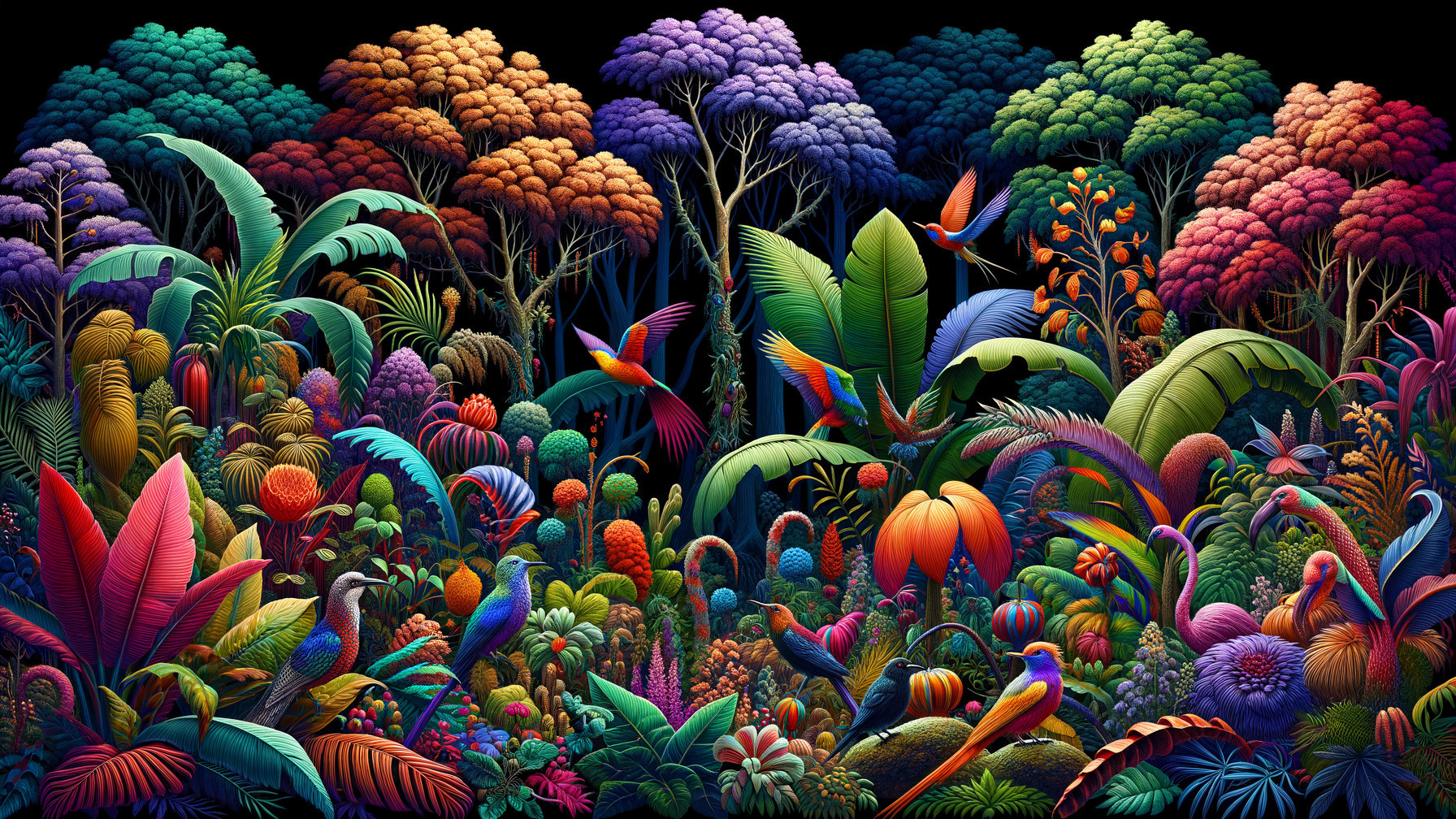 Vibrant Surreal Jungle Scene with Colorful Flora and Fauna