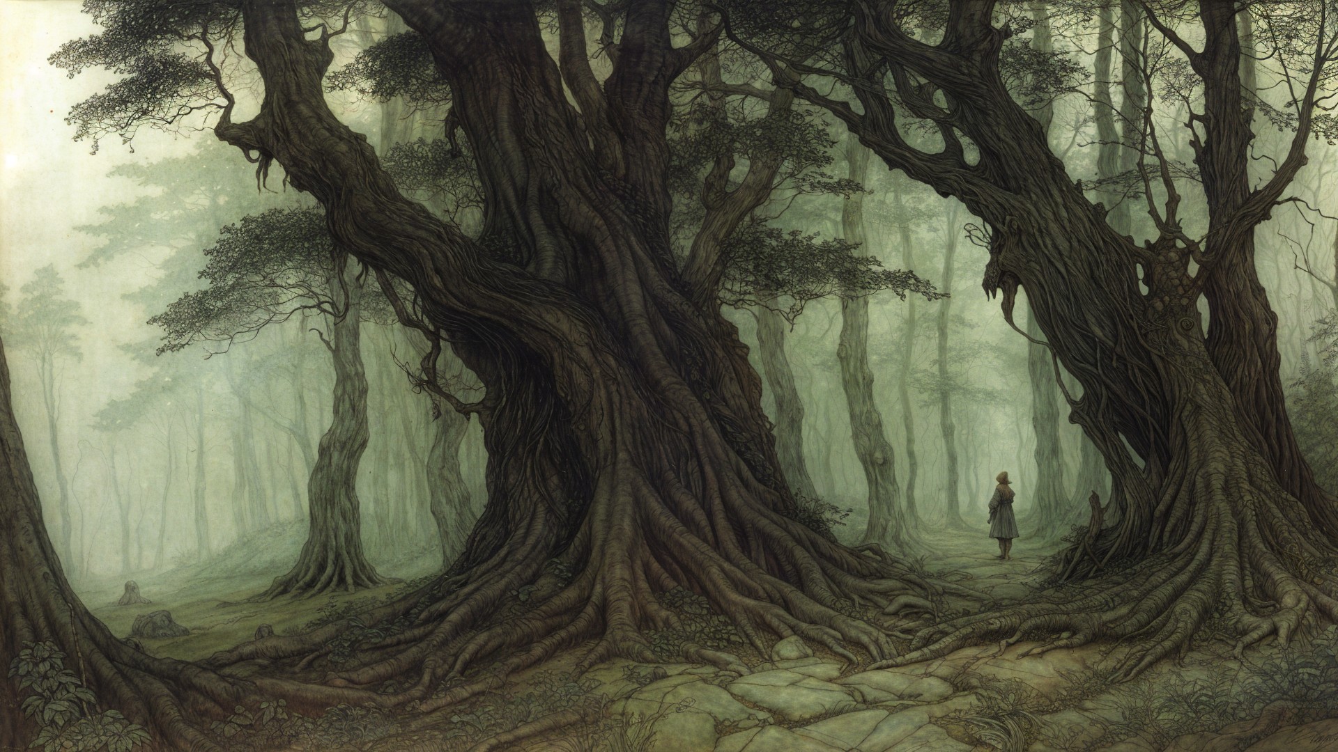 Detailed Fantasy Forest with Fog and Winding Paths