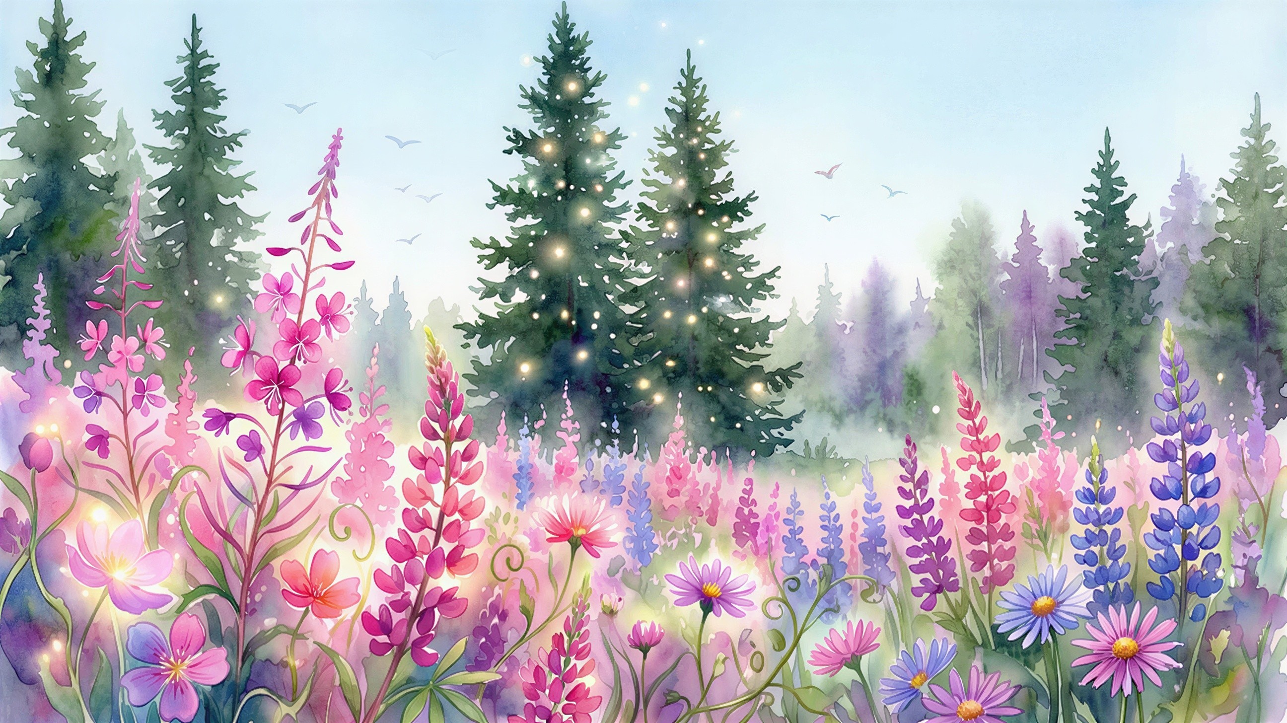 Vibrant Watercolor of Wildflower Meadow and Forest