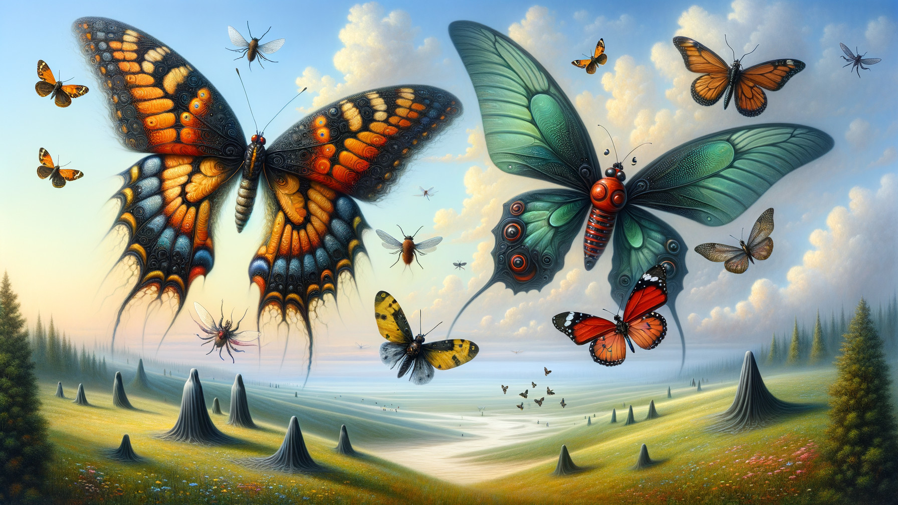 Surreal Landscape with Vibrant Oversized Butterflies