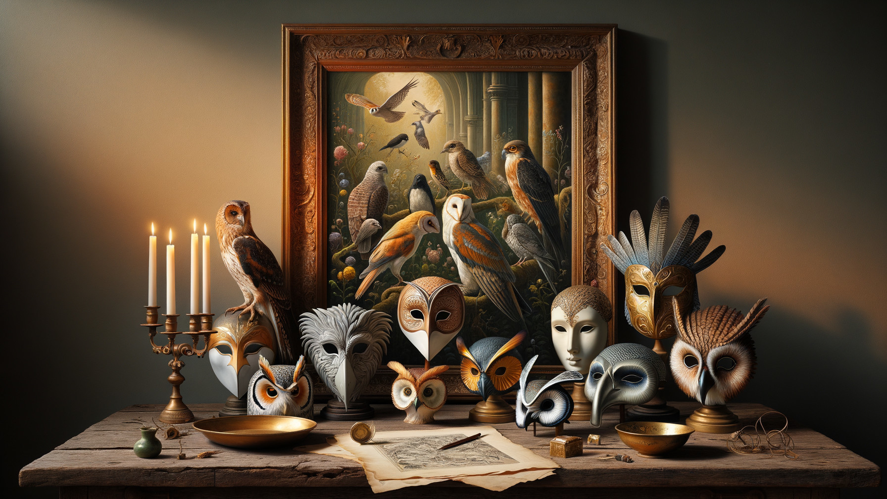 Rustic Table with Bird Masks and Antique Painting