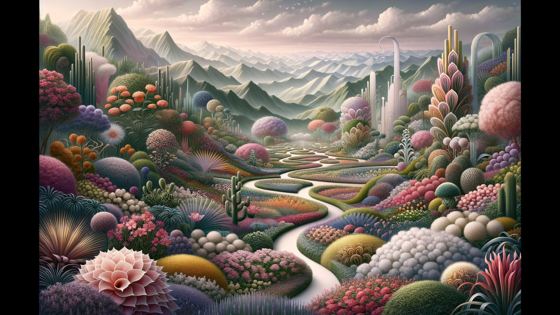 Surreal Landscape with Lush Flora and Majestic Mountains