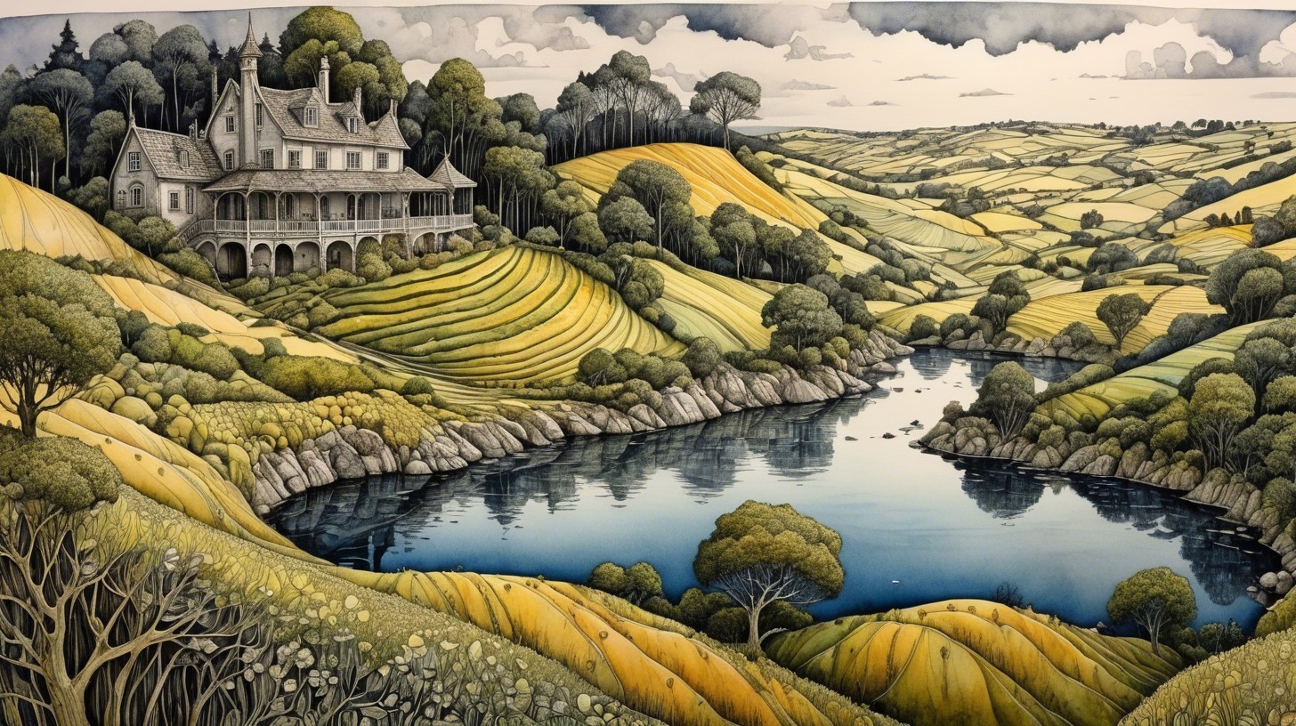 Watercolor Painting of a Grand Mansion and Landscape