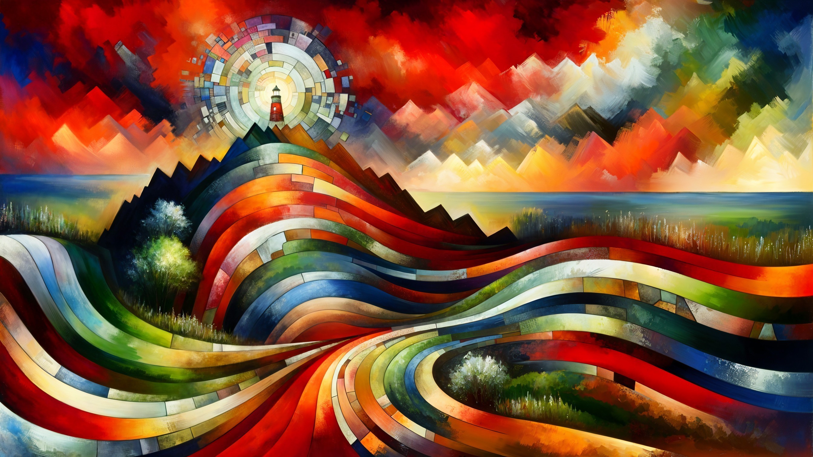 Abstract Landscape with Colorful Hills and Lighthouse