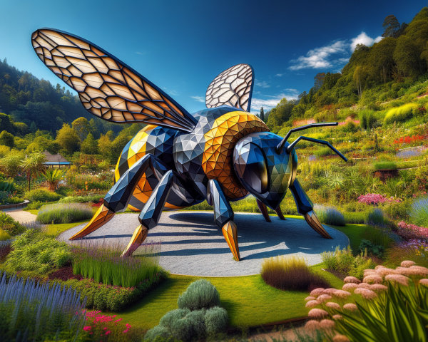Vibrant Bee Sculpture in Colorful Garden Setting
