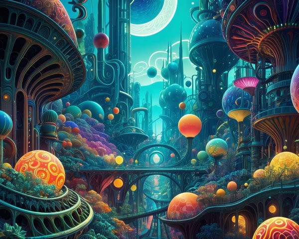 Surreal Painting of a Bioluminescent Cityscape