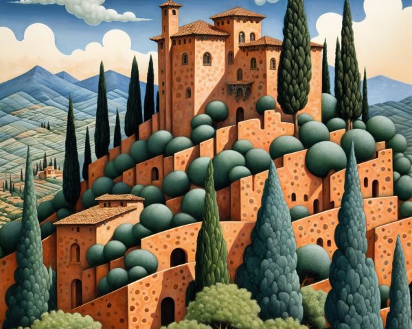 Vibrant Landscape with Terracotta Castle and Hills
