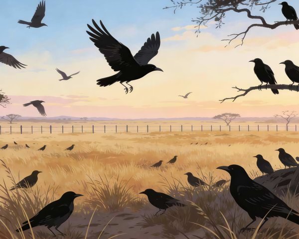 Crows in Flight Over a Sunset Grassy Field