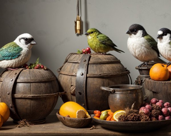 Still Life with Colorful Birds and Rustic Table Elements