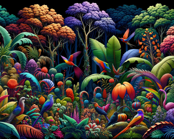 Vibrant Surreal Jungle Scene with Colorful Flora and Fauna