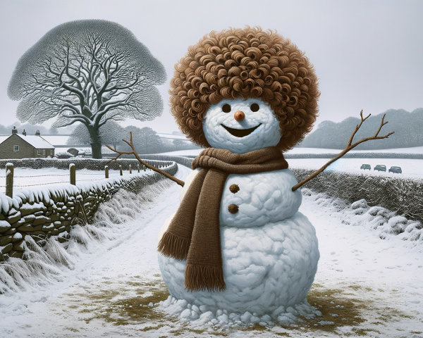 Whimsical Snowman in a Serene Winter Landscape