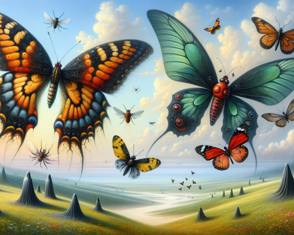 Surreal Landscape with Vibrant Oversized Butterflies