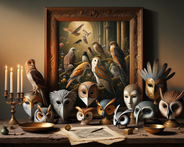 Rustic Table with Bird Masks and Antique Painting