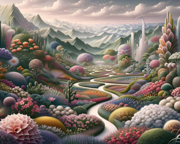 Surreal Landscape with Lush Flora and Majestic Mountains