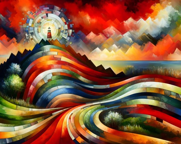 Abstract Landscape with Colorful Hills and Lighthouse