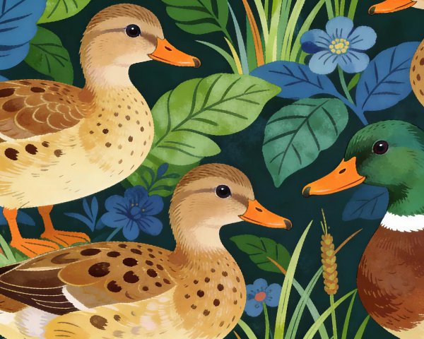 Mallard ducks in a stylized garden or marsh scene