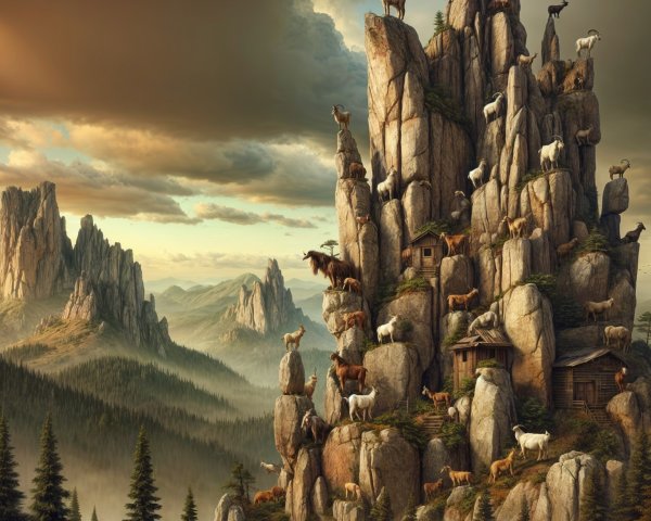 Majestic Mountain Landscape with Wildlife and Huts