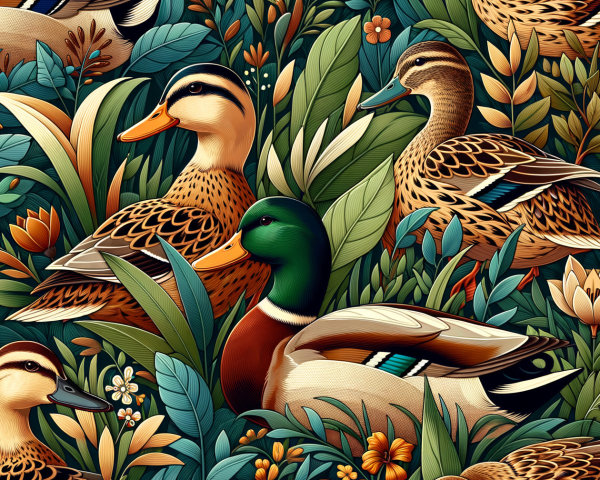 Illustrated Pattern of Ducks in Lush Greenery