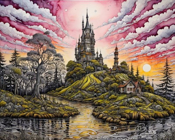 Whimsical Castle on a Lush Green Hill Landscape