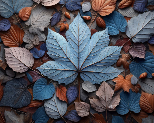 Artistic Leaf Arrangement in Blue, Brown, and Gray