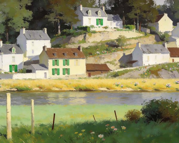 Oil Painting of Town on Hill by River with Flowers