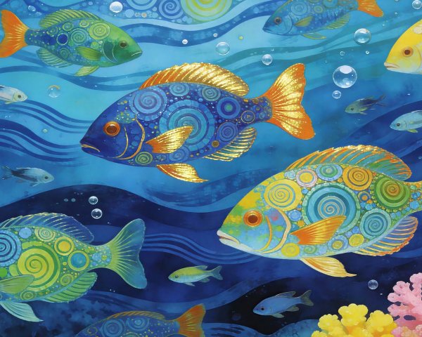 Vibrant Watercolor of Fish in Teal Ocean Setting