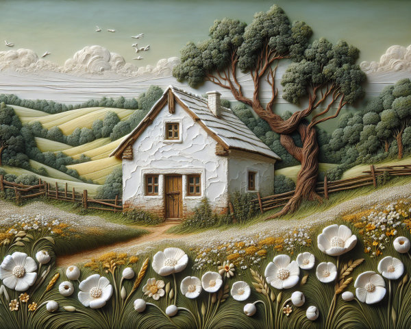 Serene Countryside Scene with Cottage and Green Hills