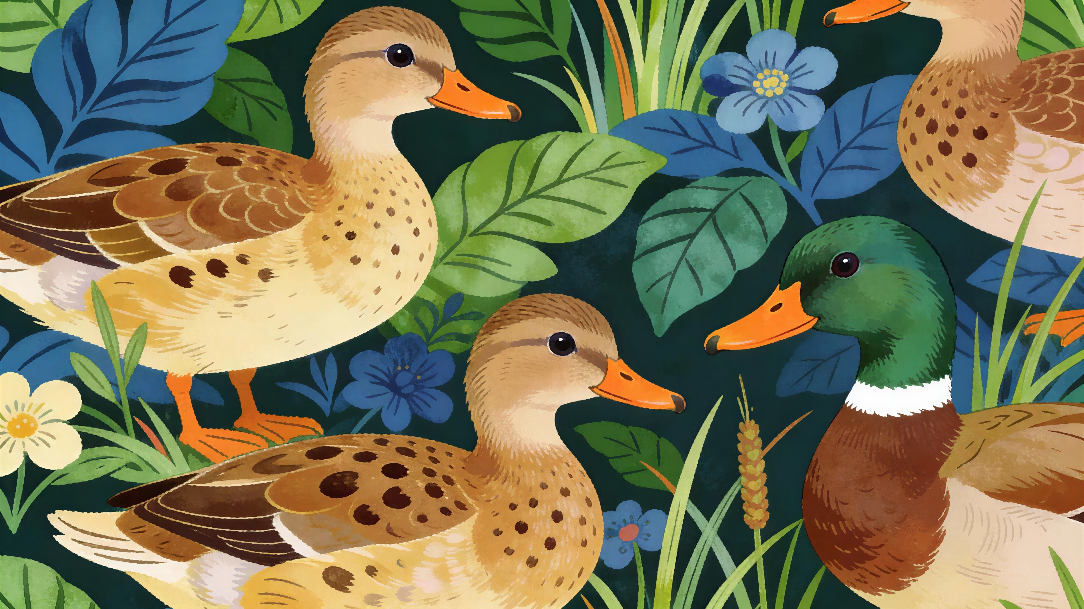 Mallard ducks in a stylized garden or marsh scene
