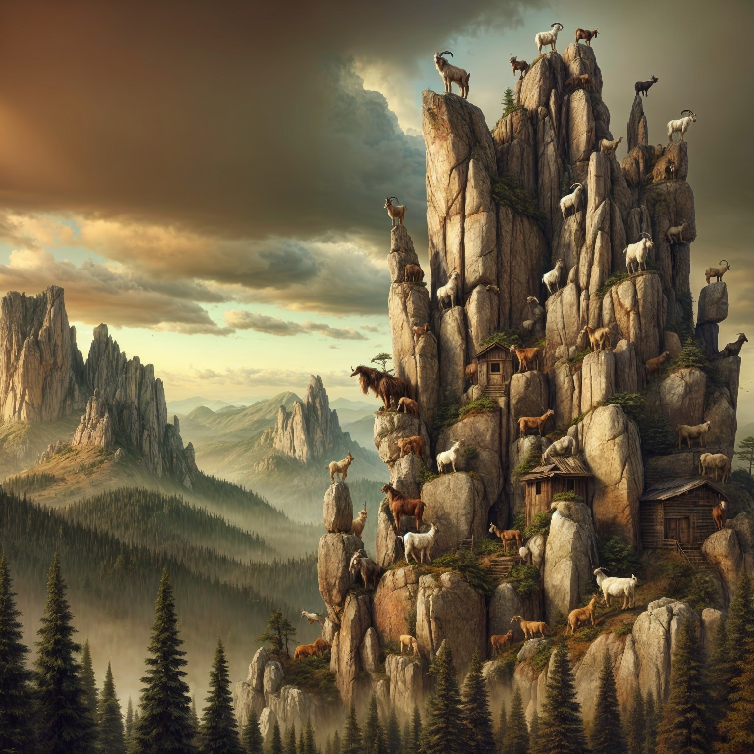 Majestic Mountain Landscape with Wildlife and Huts