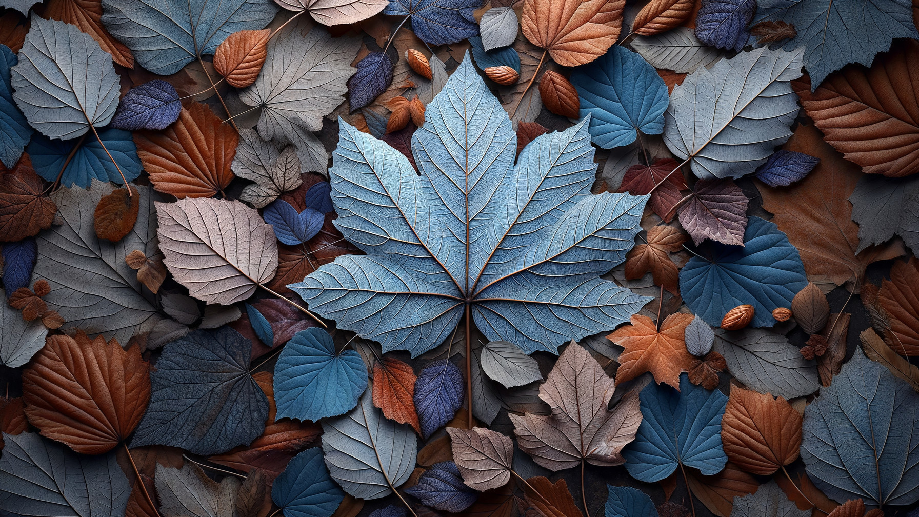 Artistic Leaf Arrangement in Blue, Brown, and Gray