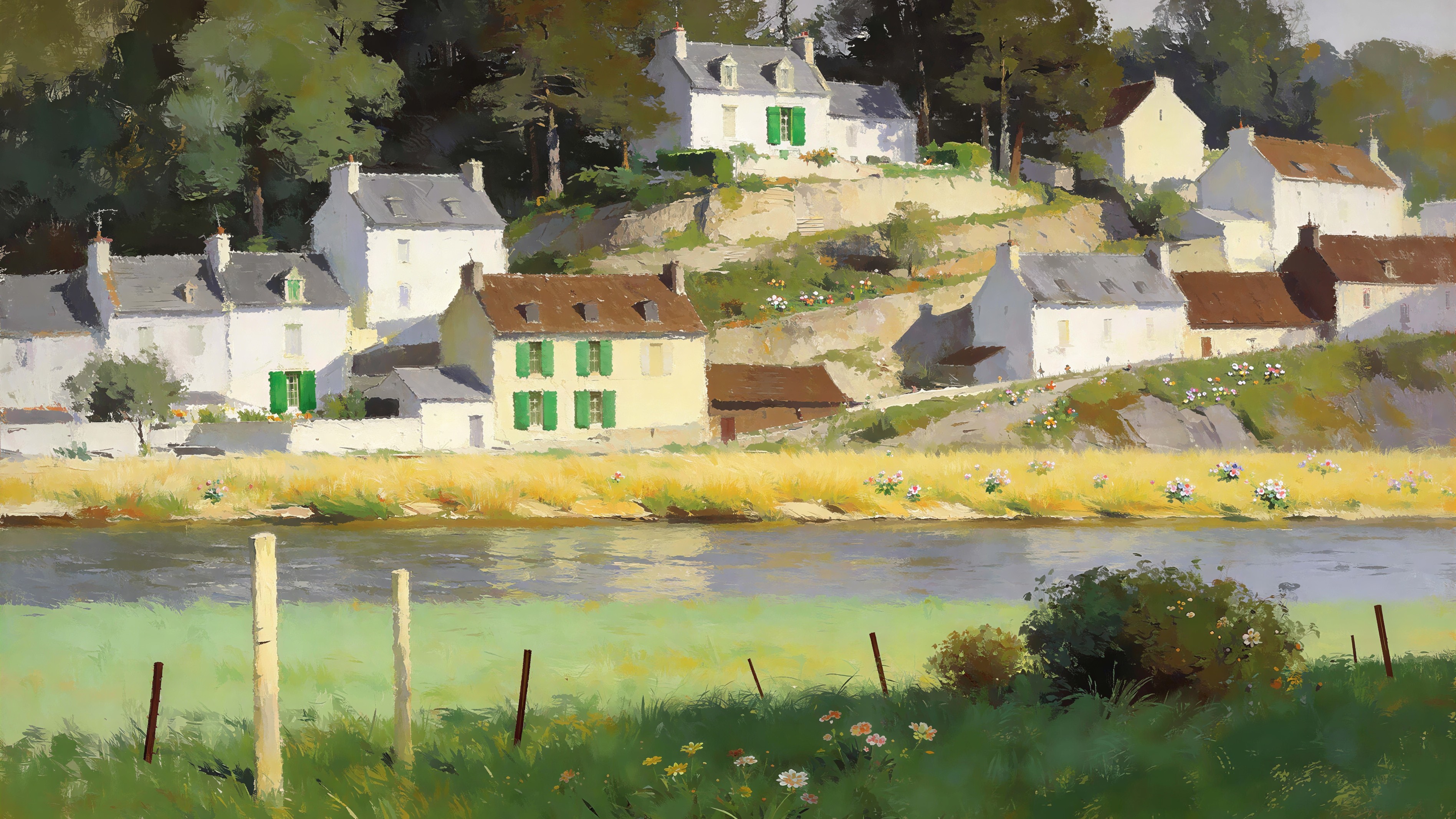 Oil Painting of Town on Hill by River with Flowers