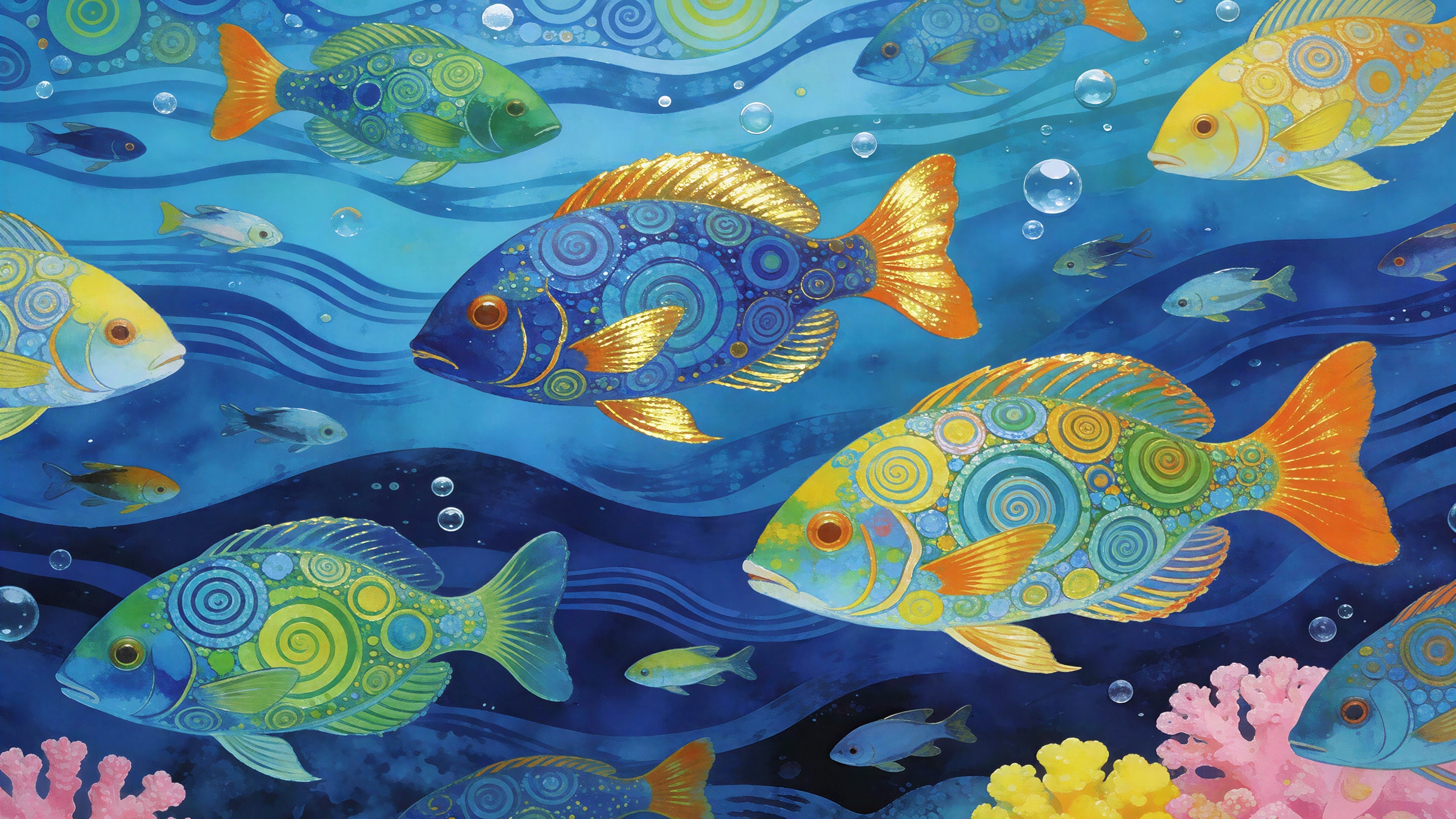 Vibrant Watercolor of Fish in Teal Ocean Setting