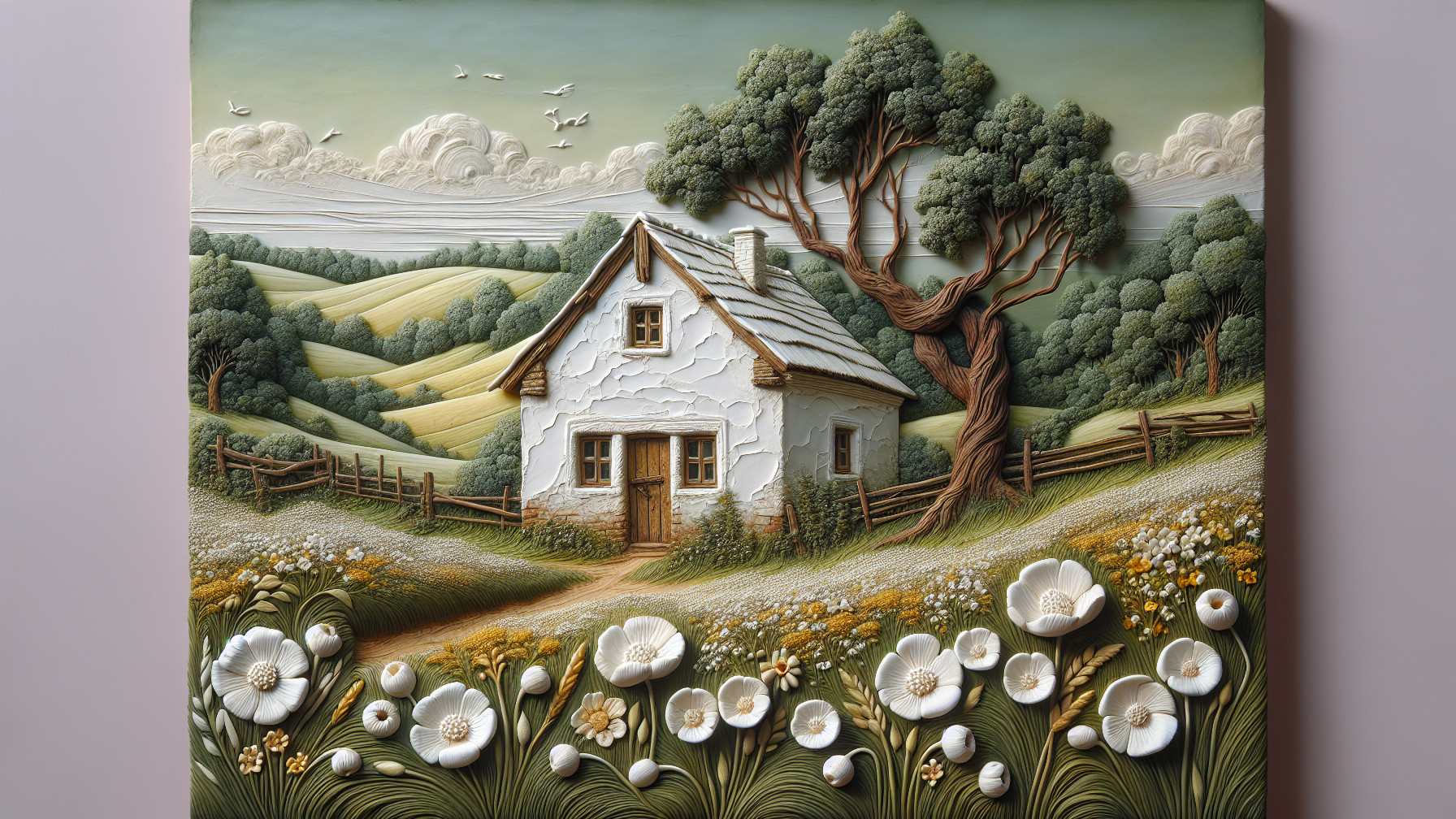Serene Countryside Scene with Cottage and Green Hills