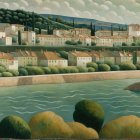 Watercolor Painting of a Grand Mansion and Landscape