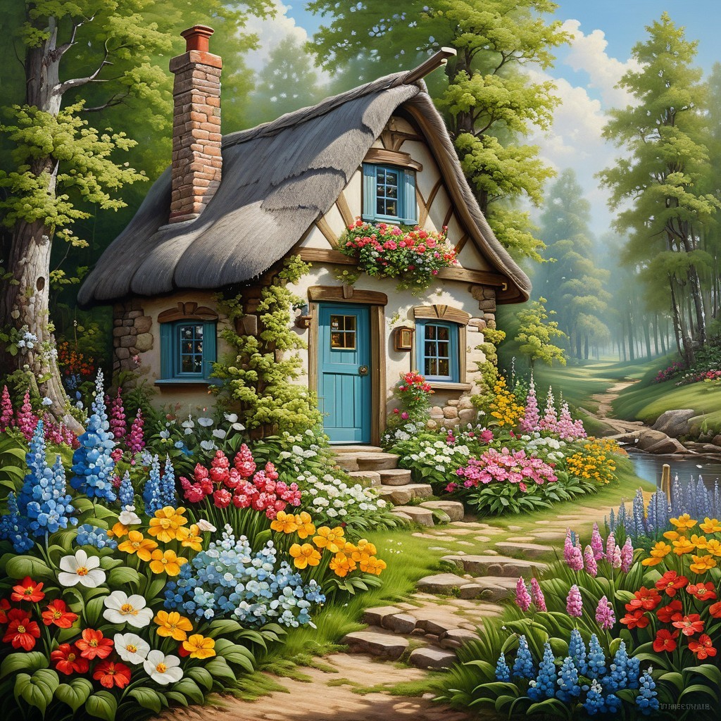 Charming Thatched-Roof Cottage in Vibrant Landscape