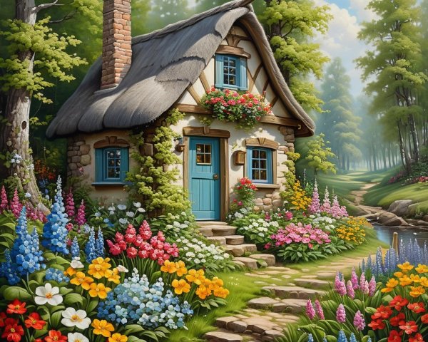 Charming Thatched-Roof Cottage in Vibrant Landscape