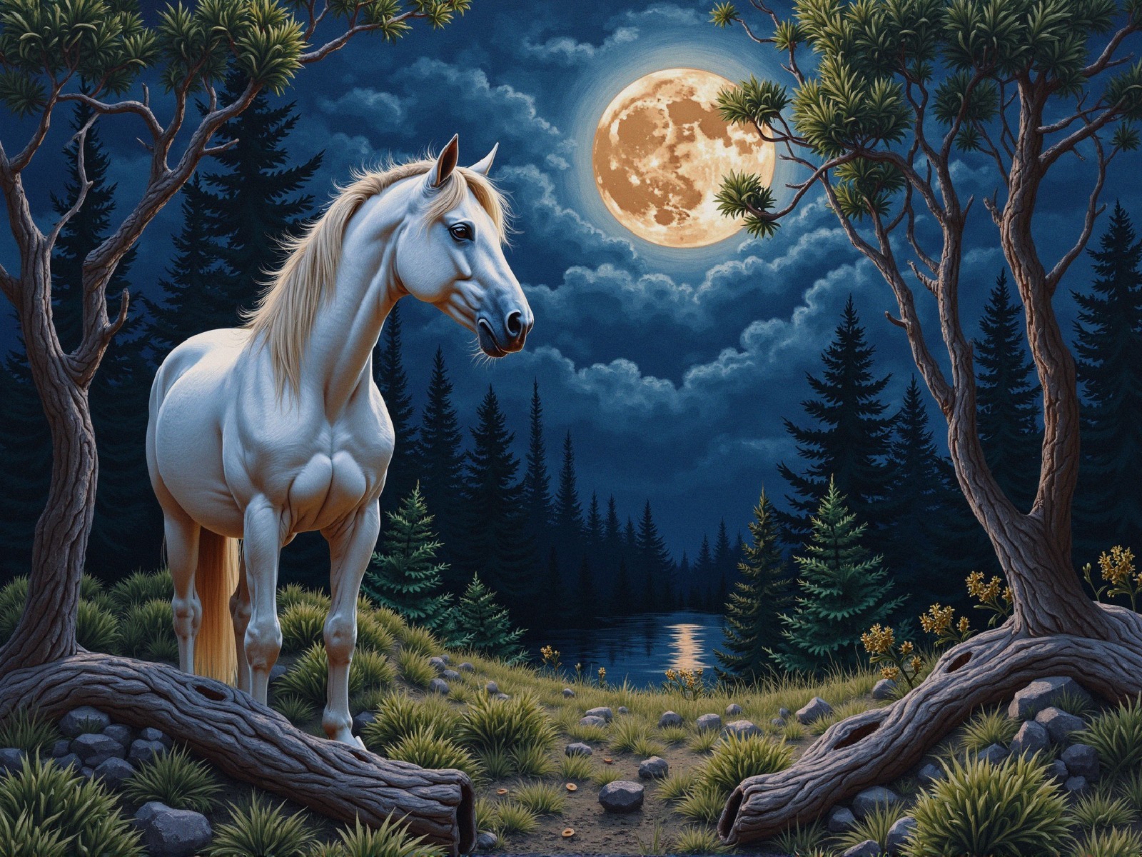 Majestic White Horse in Serene Moonlit Forest