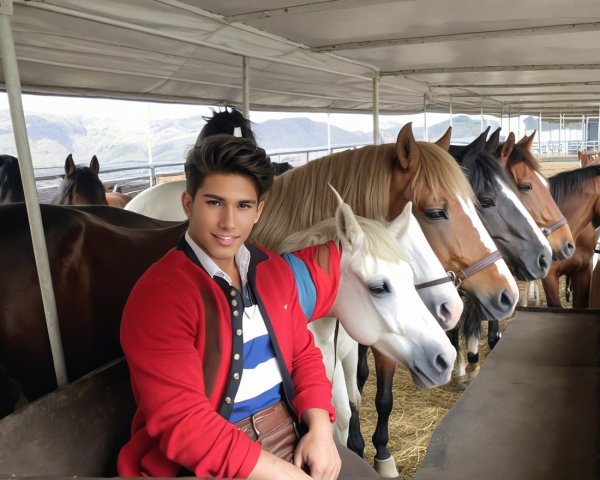 Young man in red cardigan smiles with horses in stable