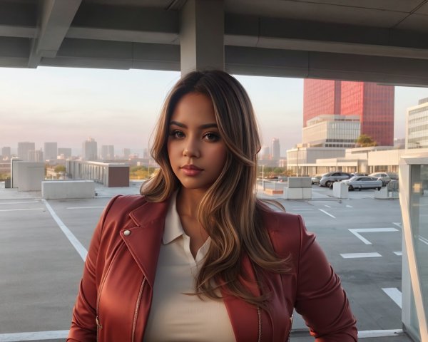 Confident Woman in Leather Jacket on Rooftop at Sunrise