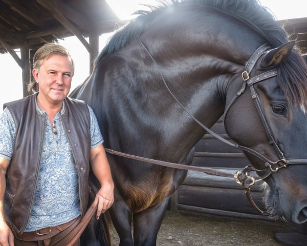 Man with Dark Horse in Rustic Setting
