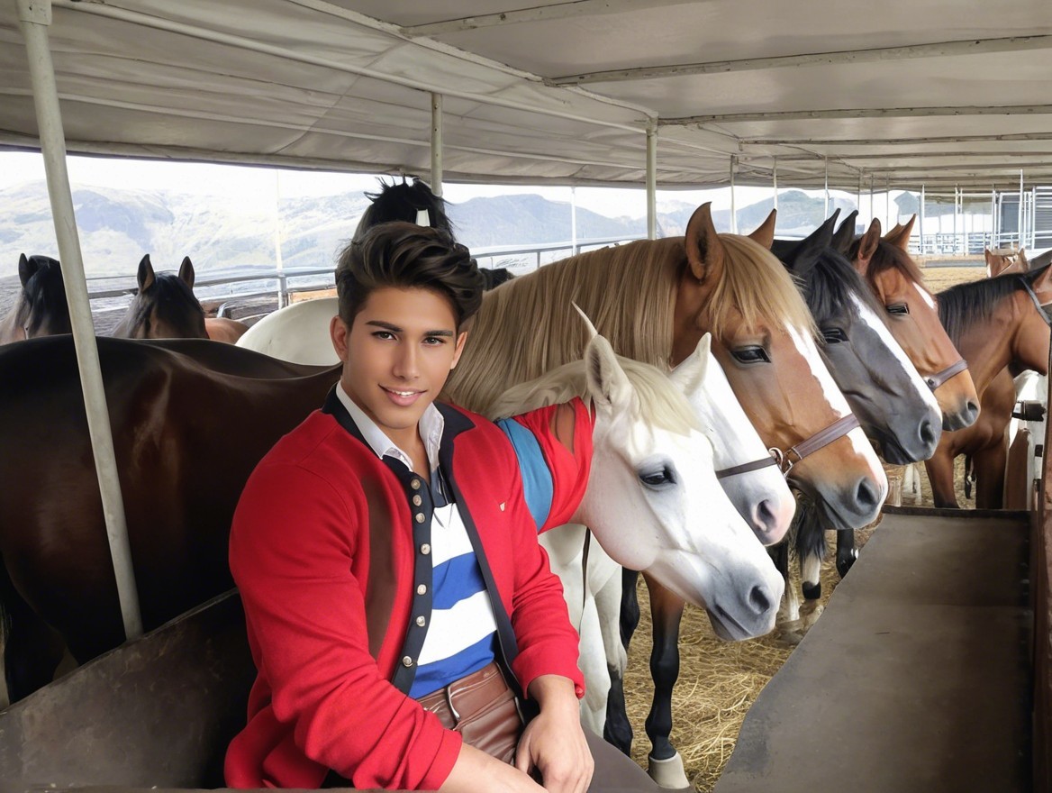 Young man in red cardigan smiles with horses in stable