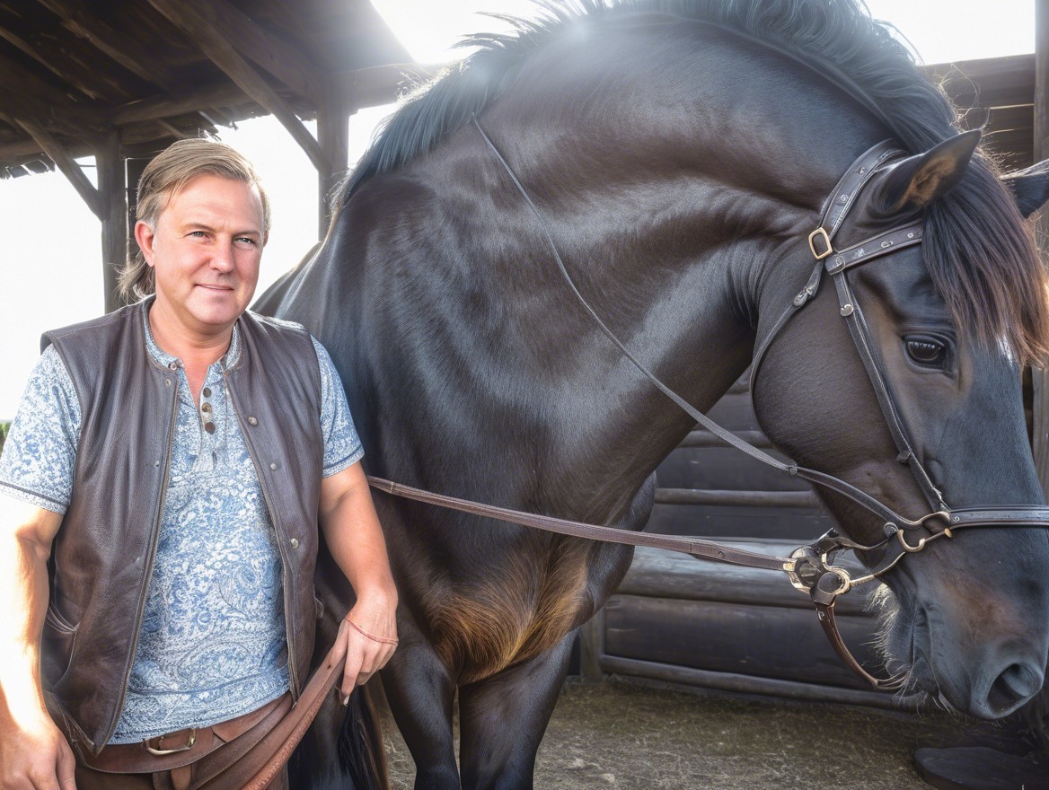 Man with Dark Horse in Rustic Setting