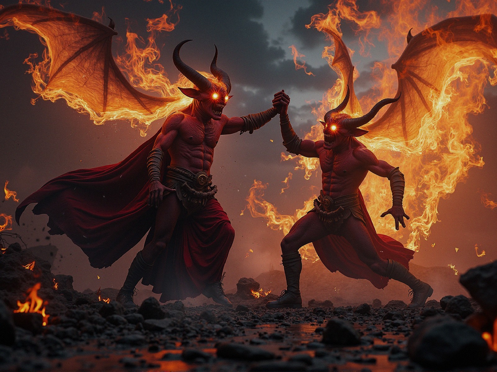 Demons Battling in a Fiery Landscape with Armor