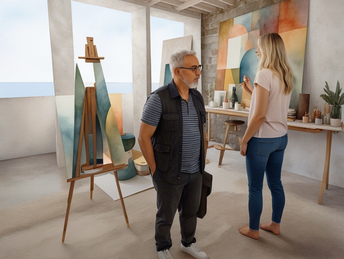 Woman Painting Abstract Art in Bright Studio Setting