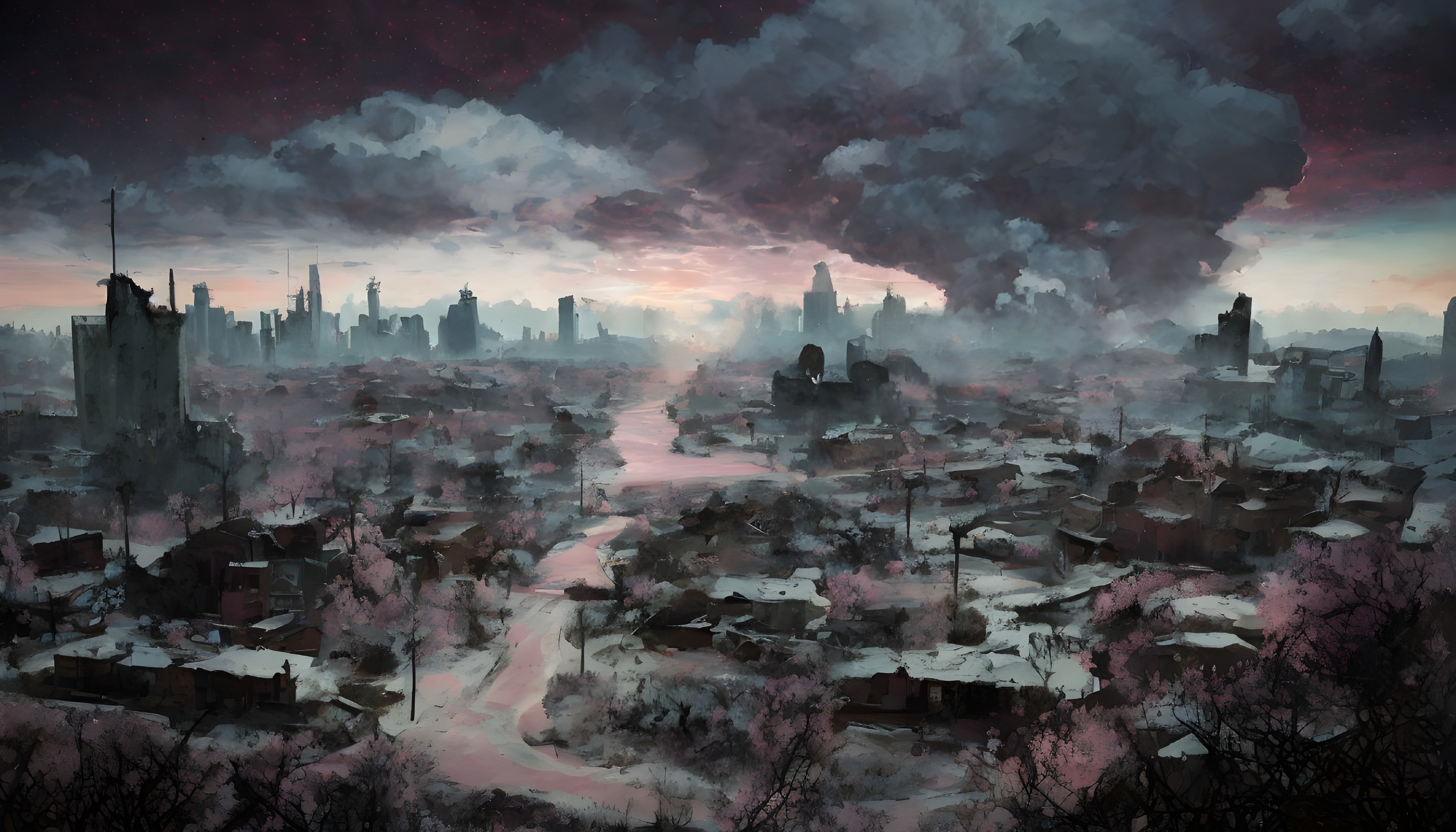 Dystopian cityscape at dusk with ruins and desolate buildings