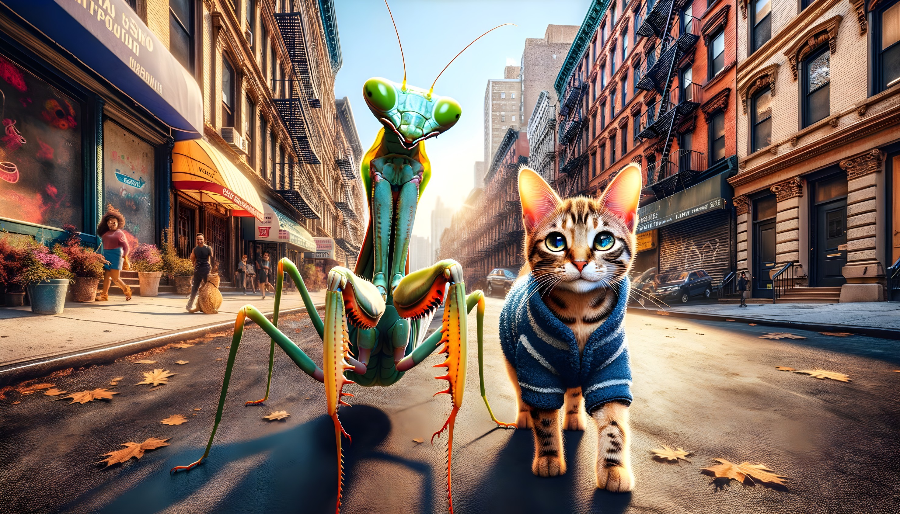 Giant cartoon mantis and kitten in sweater on city street with shops and autumn leaves