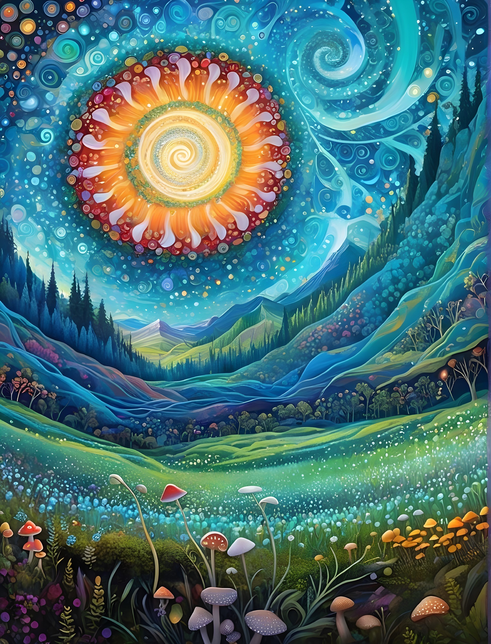 Surreal Landscape with Vibrant Sun and Whimsical Hills