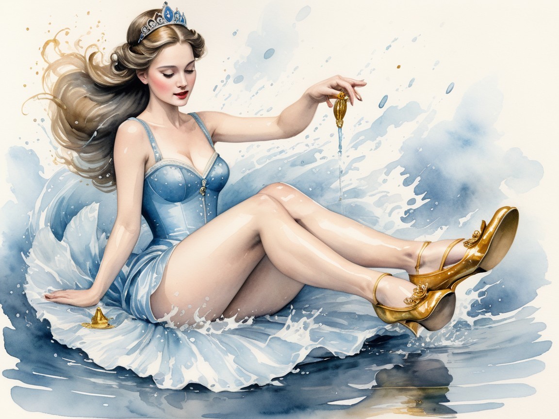 Elegant Woman in Blue Dress on Water Splash